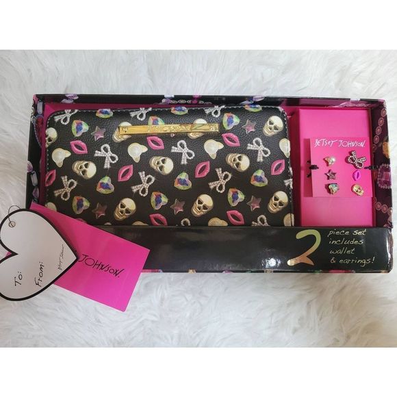 Betsey Johnson Handbags - NWT Betsey Johnson Wallet and Earings Gift Set Skulls, bows, hearts, lips and di